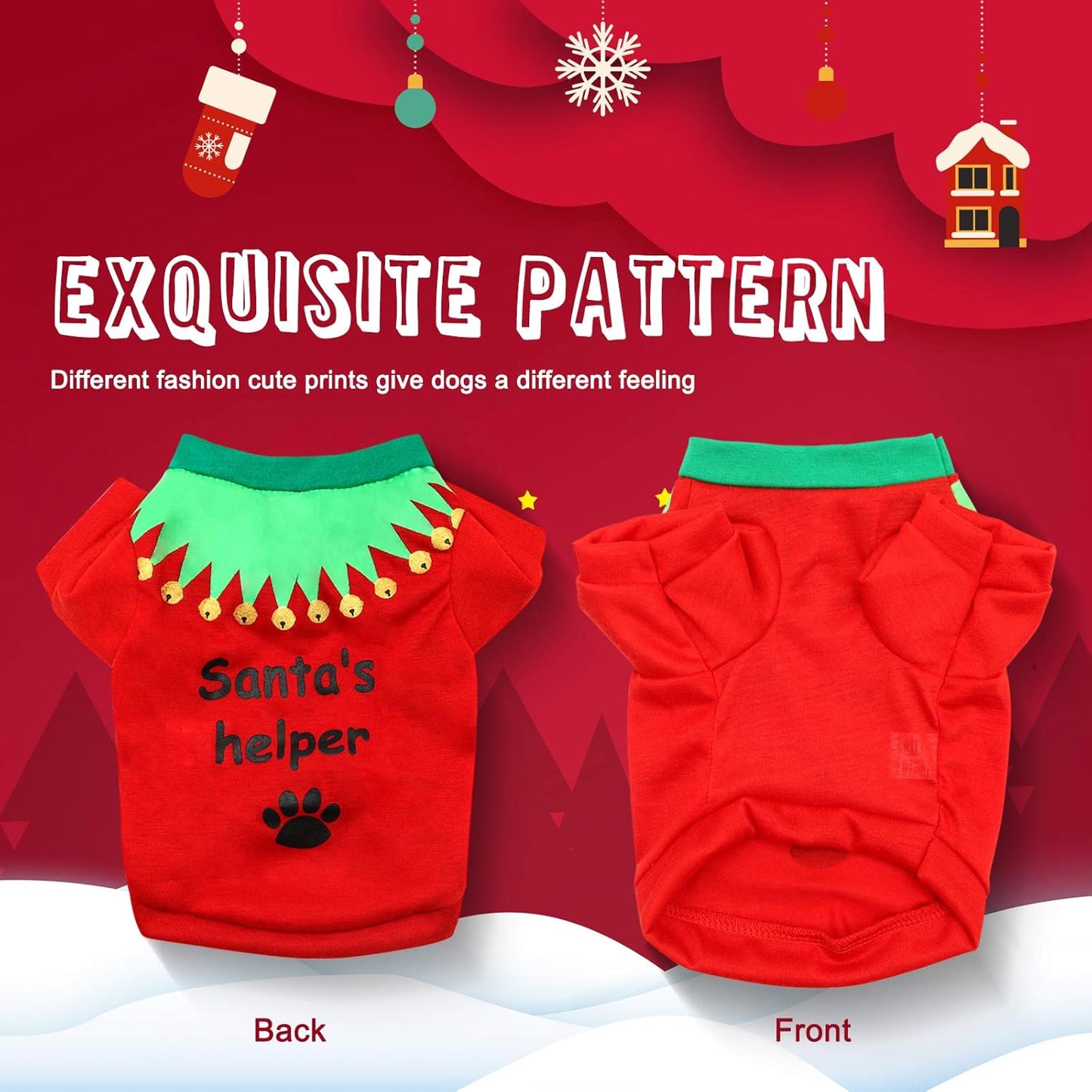 2 Pack Christmas Dog Shirts - Printed Puppy Shirt Pet T-Shirt Cute Dog Clothing for Small Dogs and Cats Christmas Cosplay Pet Apparel L