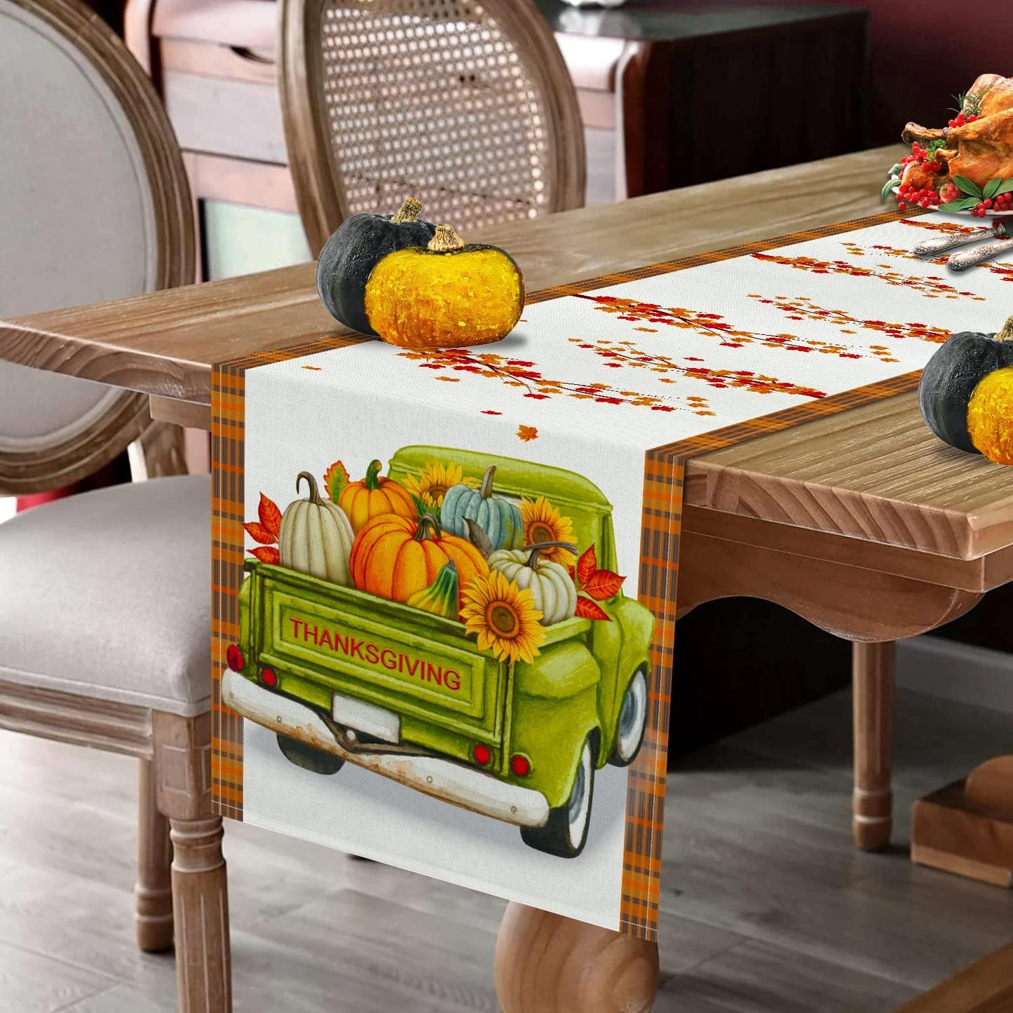 Thanksgiving Table Runner, Fall Table Runner Thanksgiving Decorations Green Truck Thanksgiving Table Decorations for Indoor Outdoor Thanksgiving Party Dining Table Decor (13" X 72")