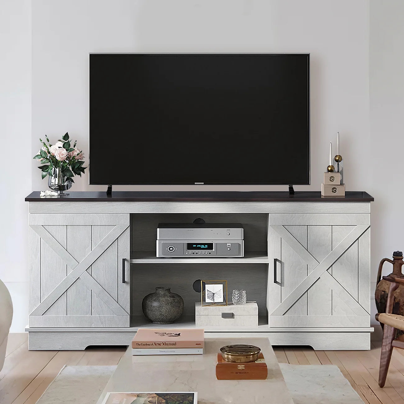 Farmhouse TV Stand for 65 Inch TV, Entertainment Center for Living Room, TV Media Console Cabinet, Grey Wash