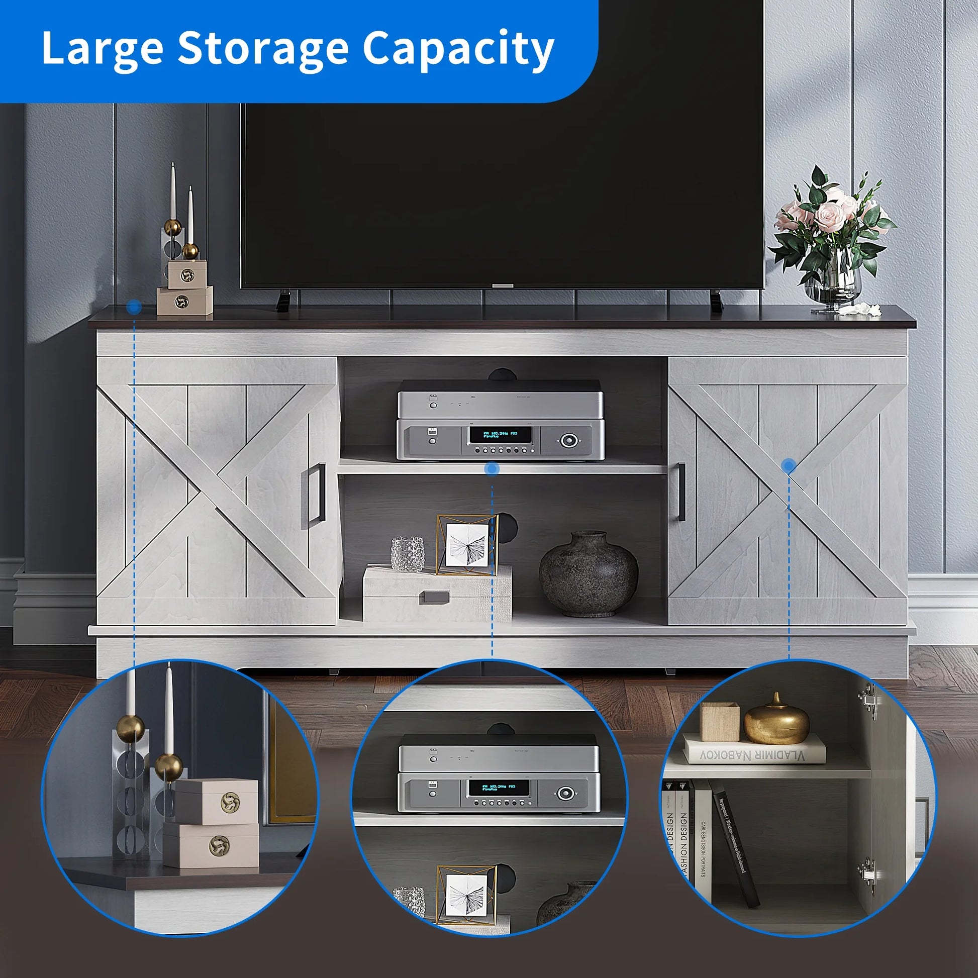 Farmhouse TV Stand for 65 Inch TV, Entertainment Center for Living Room, TV Media Console Cabinet, Grey Wash