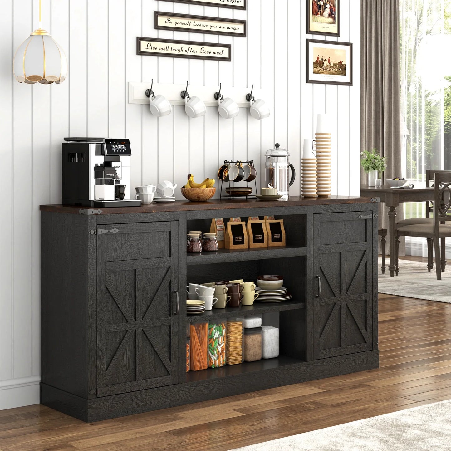 Farmhouse TV Stand for 65" 70" up 75" Tvs with Power Outlet, 33" Tall TV Stand Entertainment Center with Storage, Brown TV Consoles for Living Room Bedroom
