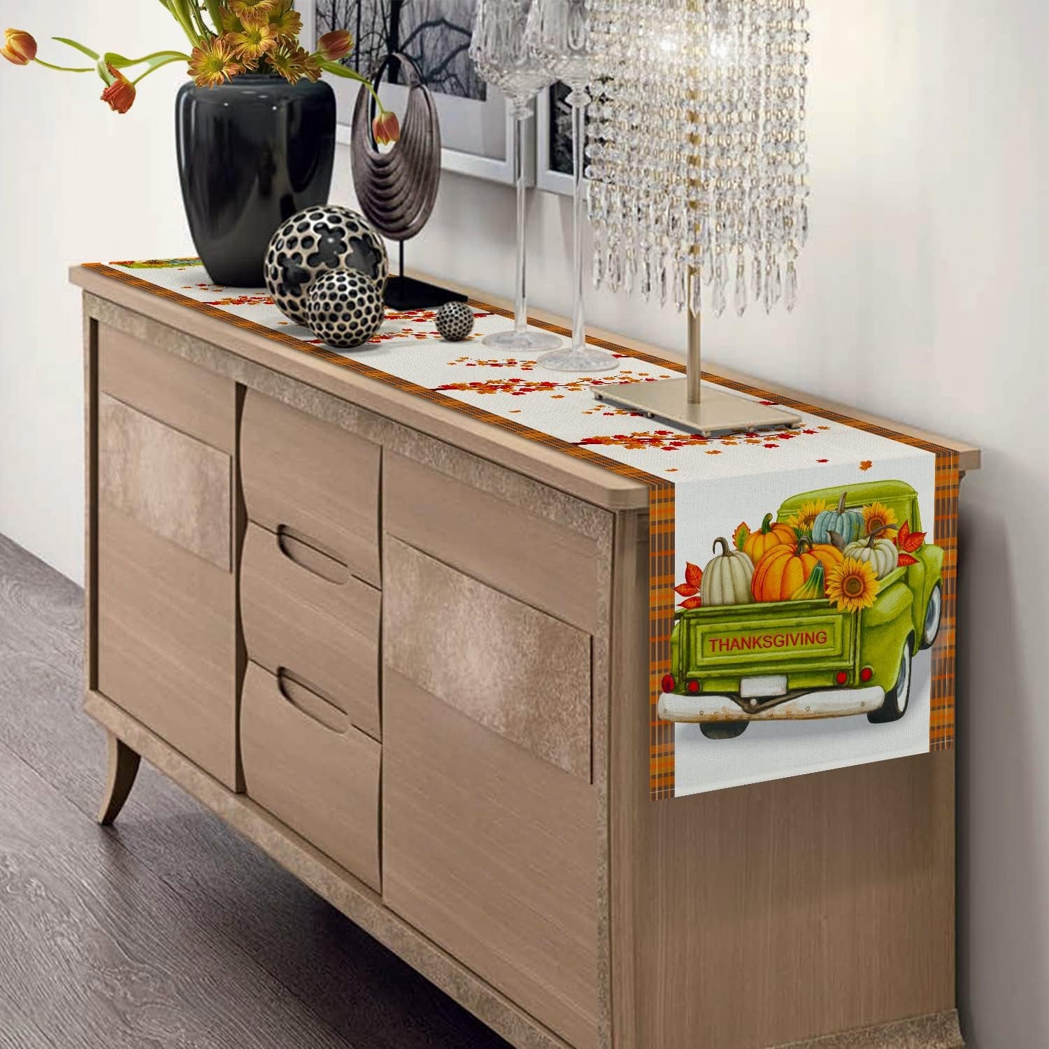 Thanksgiving Table Runner, Fall Table Runner Thanksgiving Decorations Green Truck Thanksgiving Table Decorations for Indoor Outdoor Thanksgiving Party Dining Table Decor (13" X 72")