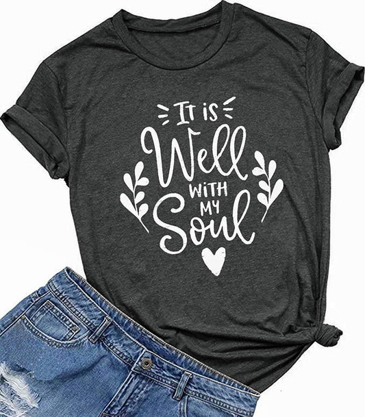 It Is Well with My Soul Christian T Shirt Women Casual Letter Print Shirts Short Sleeve Inspirational Tops Tee