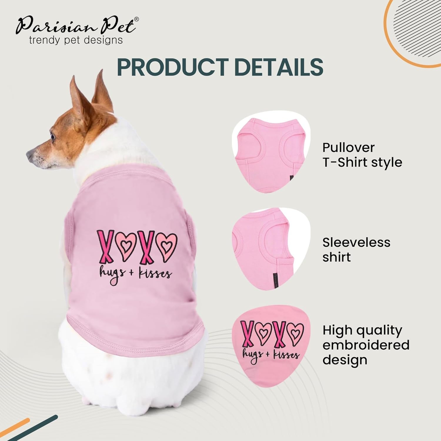 Dog Tshirt - Embroidered “ XOXO “ Dog Shirt - 100% Cotton, Lightweight Puppy Clothes Female - Sleeveless Dog Tank Top - Pink Dog Tee Shirts - Dog Shirts for Small Dogs Girl - S