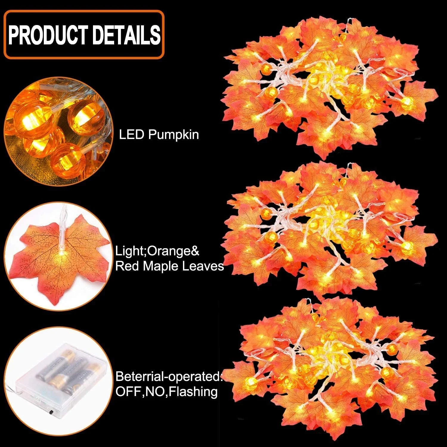"Thanksgiving String Lights, Thanksgiving Pumpkin Lights Decorations Maple Fall String Lights,  3 Pack Thanksgiving Fall Lights 30 Ft 60 Led Waterproof"