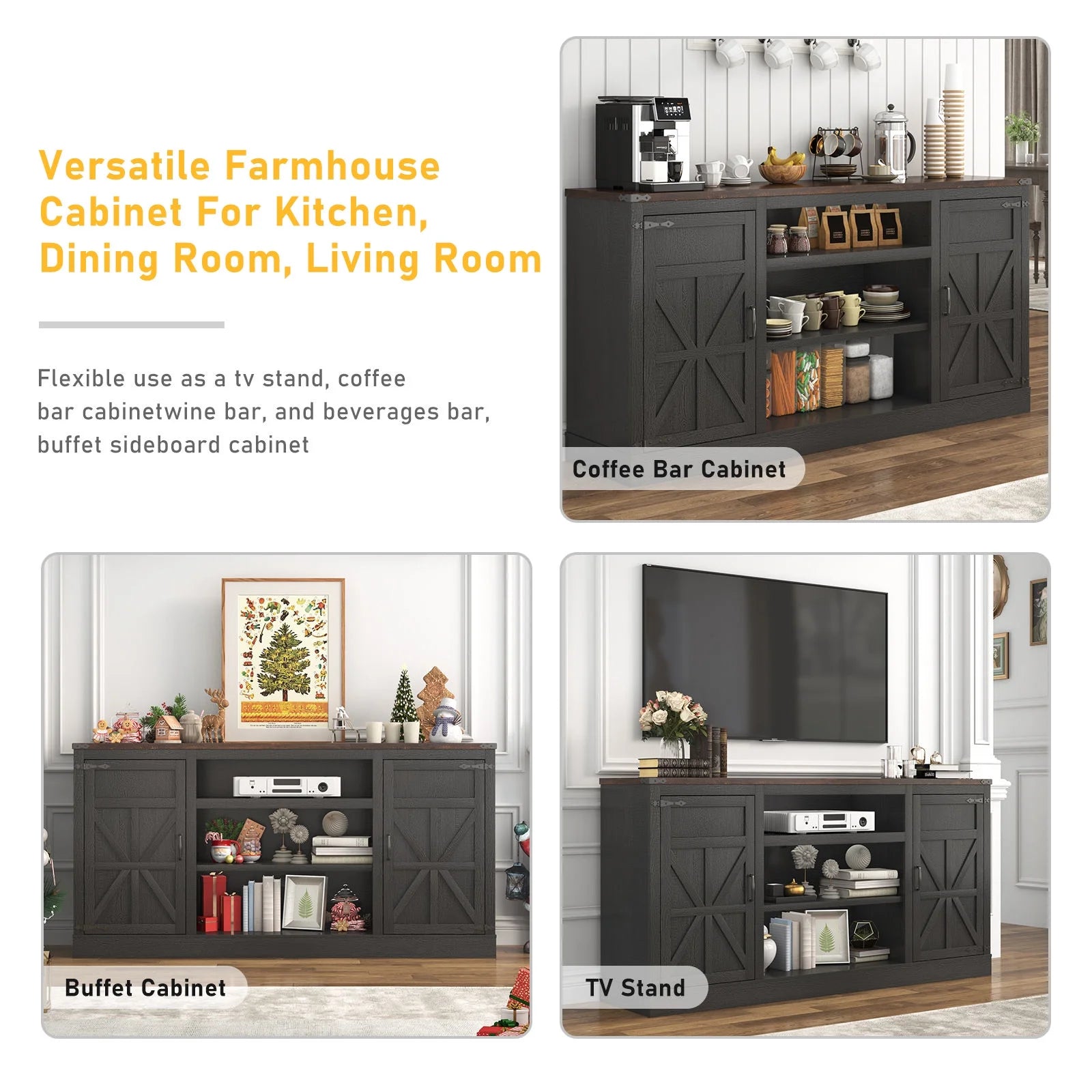 Farmhouse TV Stand for 65" 70" up 75" Tvs with Power Outlet, 33" Tall TV Stand Entertainment Center with Storage, Brown TV Consoles for Living Room Bedroom