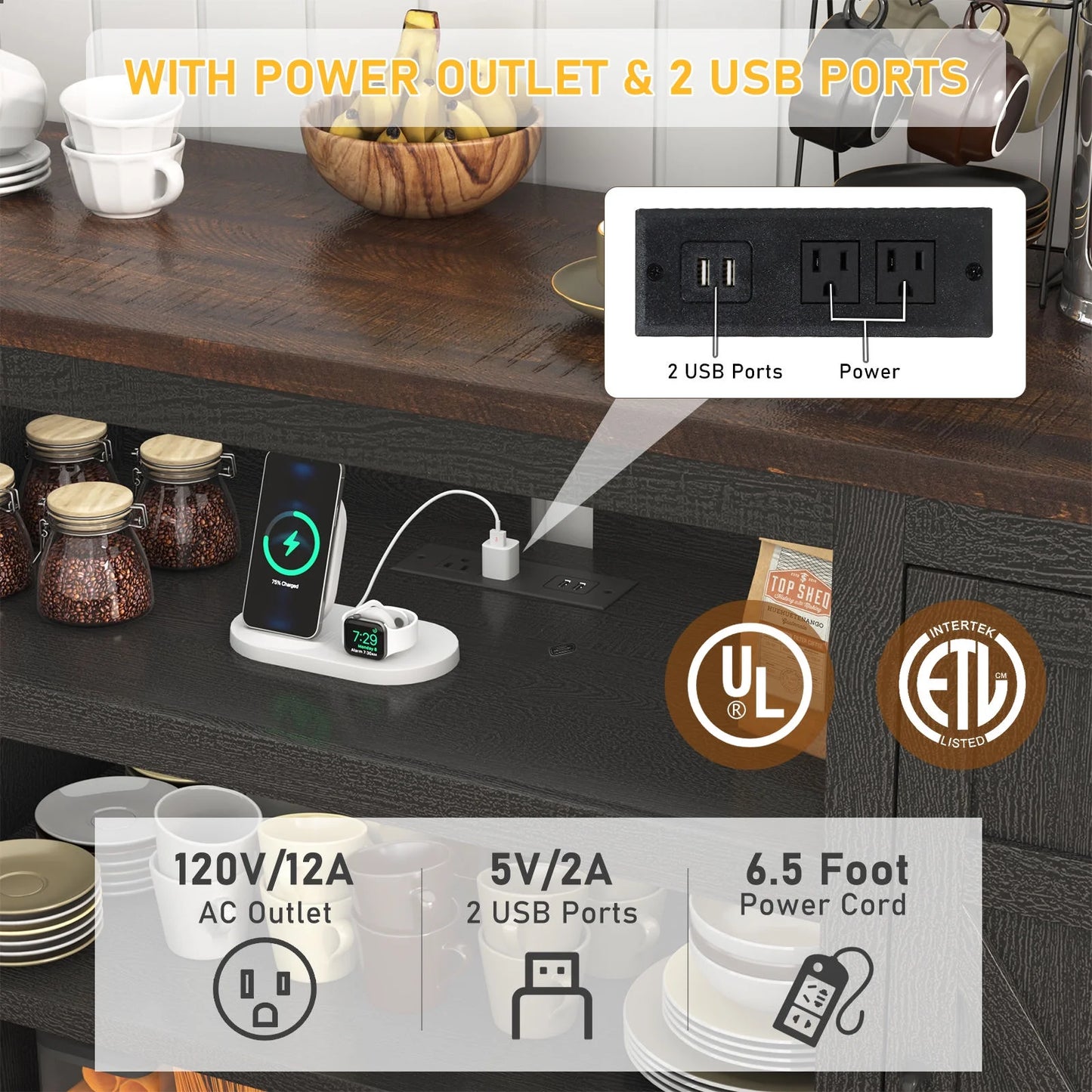 Farmhouse TV Stand for 65" 70" up 75" Tvs with Power Outlet, 33" Tall TV Stand Entertainment Center with Storage, Brown TV Consoles for Living Room Bedroom