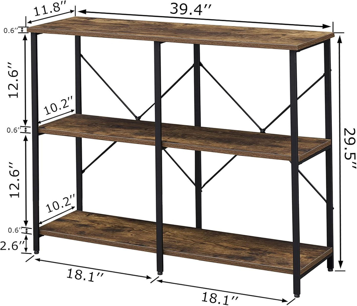 Entryway/Console Table for Living Room, Industrial Narrow Sofa Table with 3-Tier Storage Open Shelves, 39 Inch Rustic Brown