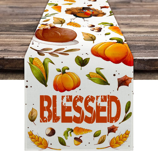 Thanksgiving Table Runner, Thanksgiving Runner for Table Blessed Turkey Thanksgiving Table Decorations for Indoor Outdoor Thanksgiving Decorations 13 X 72 Inch (13" X 72")
