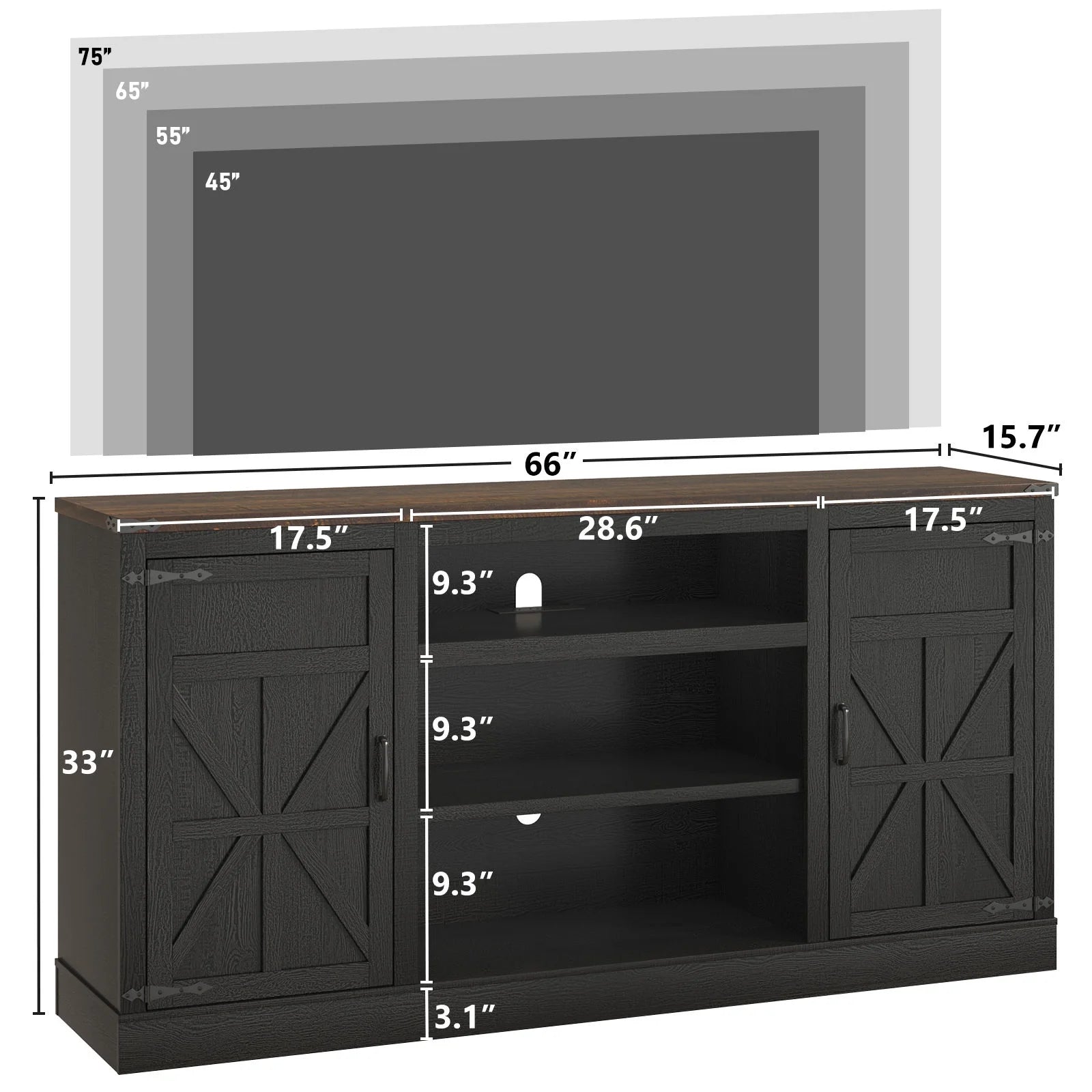 Farmhouse TV Stand for 65" 70" up 75" Tvs with Power Outlet, 33" Tall TV Stand Entertainment Center with Storage, Brown TV Consoles for Living Room Bedroom