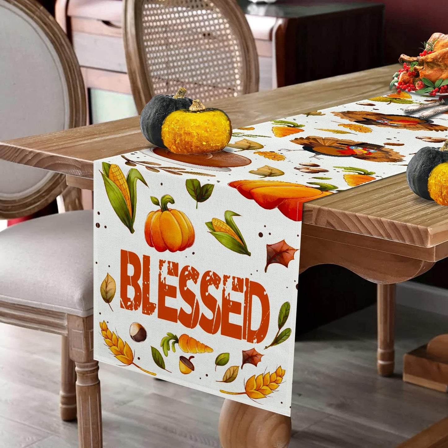 Thanksgiving Table Runner, Thanksgiving Runner for Table Blessed Turkey Thanksgiving Table Decorations for Indoor Outdoor Thanksgiving Decorations 13 X 72 Inch (13" X 72")