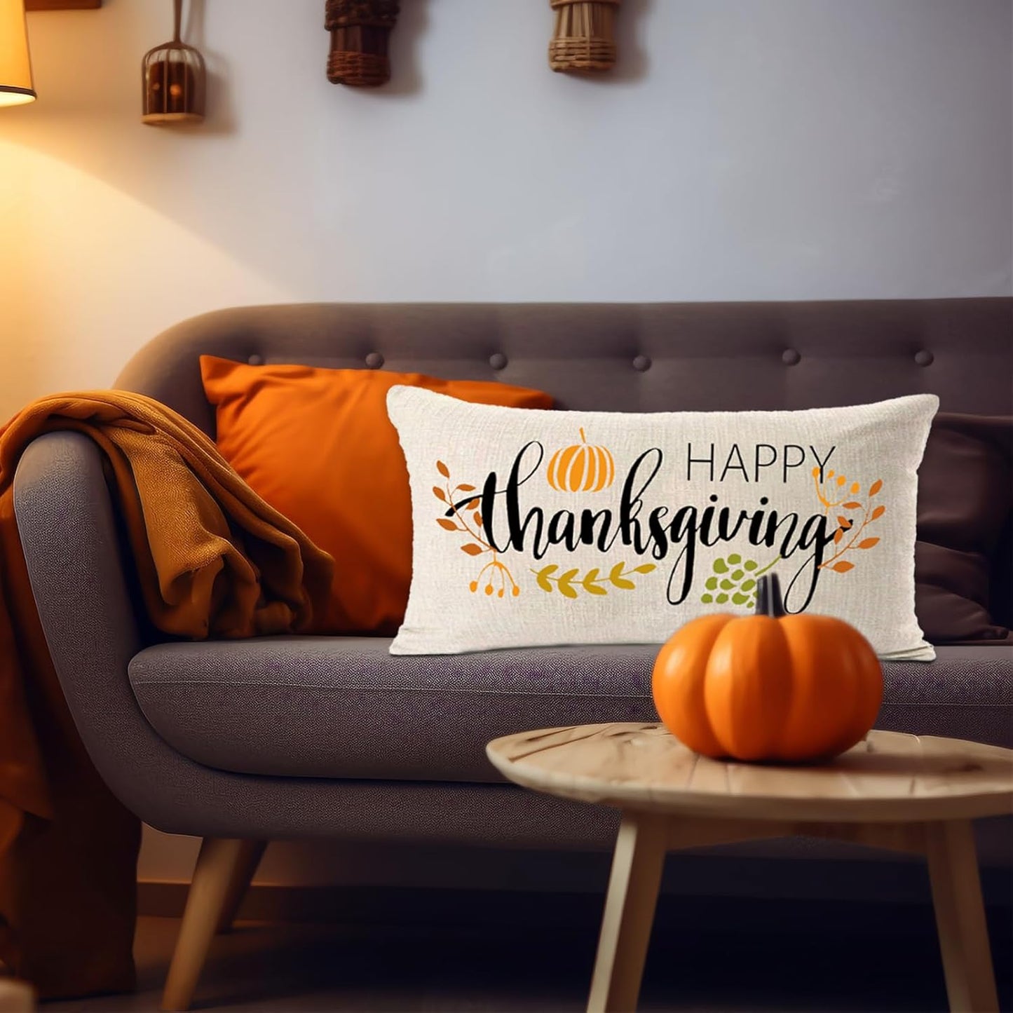 Thanksgiving Decorations Pillow Covers 12X20 Inch,Happy Thanksgiving Decor Thanks Lumbar Pillow Farmhouse for Sofa