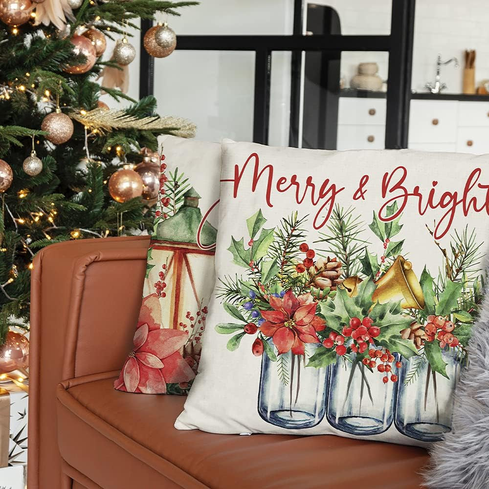 Christmas Pillow Covers 18X18 Set of 4 for Christmas Decorations Bird Xmas Sleigh Merry Bright Christmas Flower Pillows Winter Holiday Throw Pillows Christmas Farmhouse Decor for Couch A430-18
