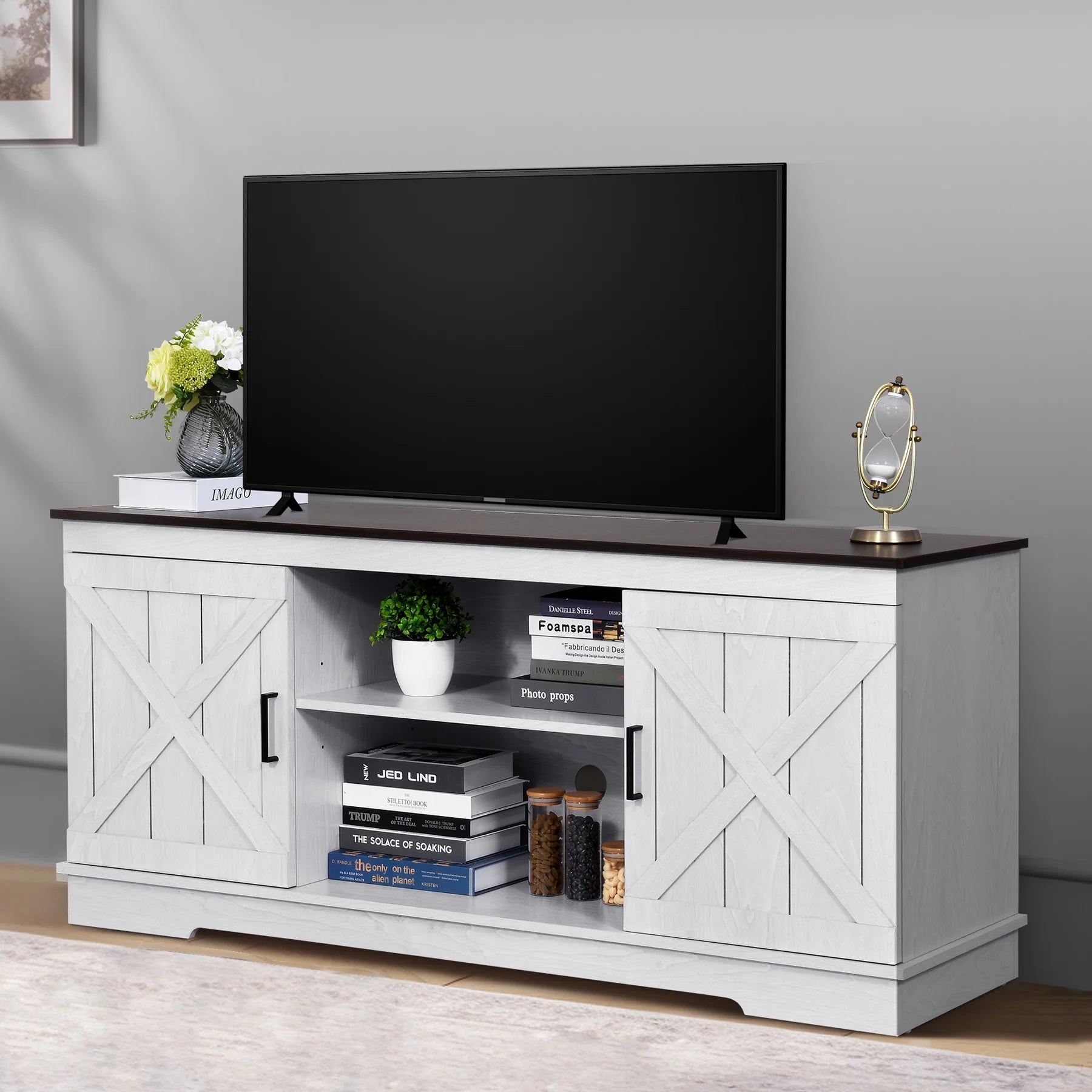Farmhouse TV Stand for 65 Inch TV, Entertainment Center for Living Room, TV Media Console Cabinet, Grey Wash