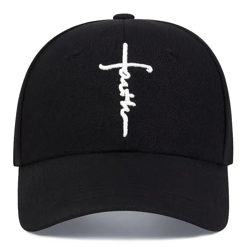 Faith Cross Embroidered Christian Black Baseball Cap, Adjustable Hat, Jesus, God