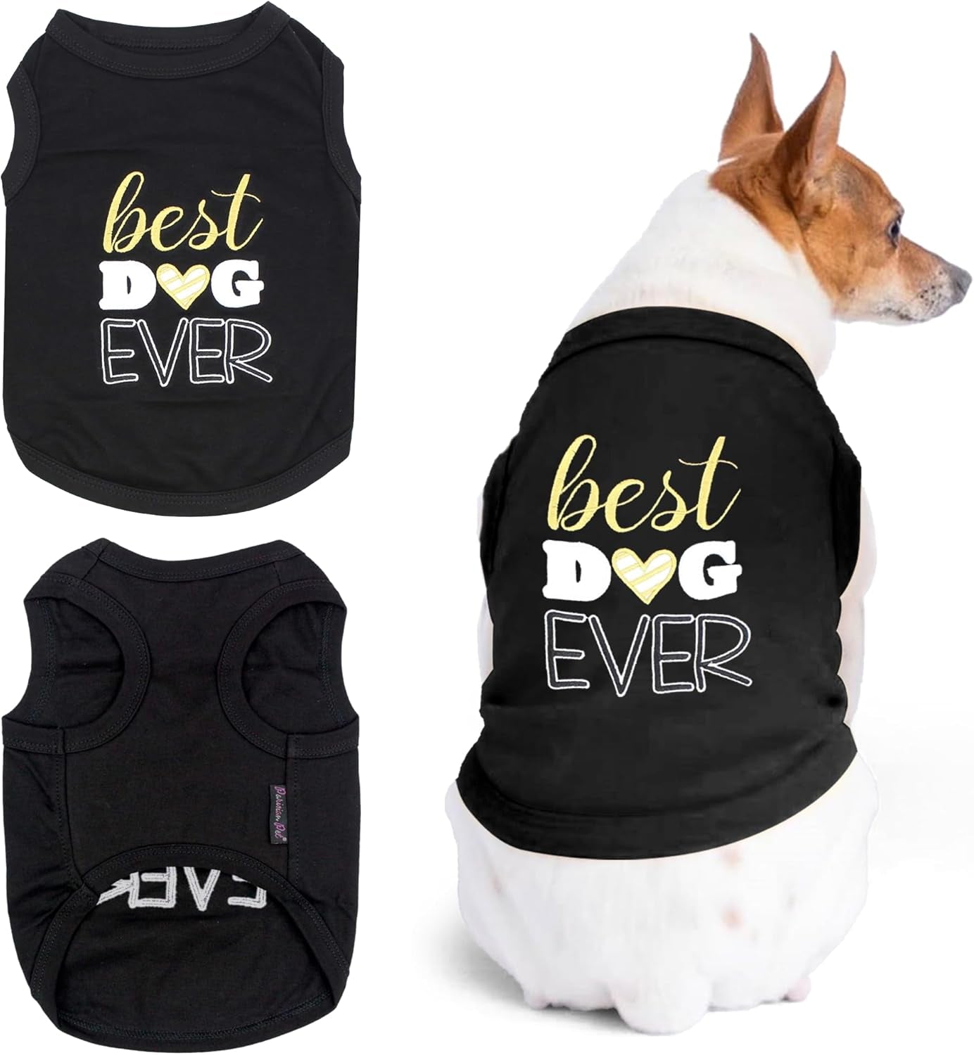 Dog Tshirt - Embroidered “ Best Dog Ever “ Tank Top - Pure Cotton and Lightweight Pet Vest - Sleeveless Black Tee Shirts - Machine Washable Shirt for Small Dogs - S