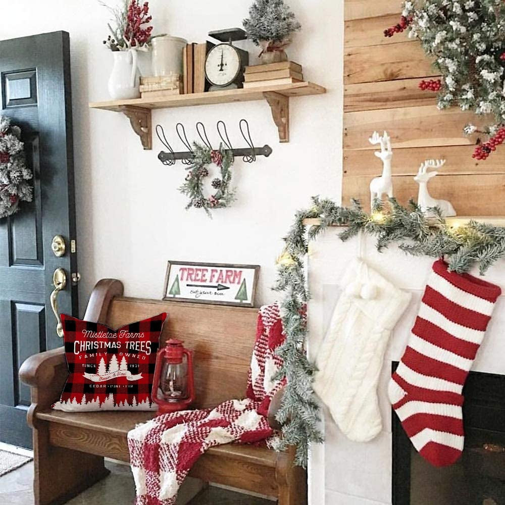 AENEY Buffalo Plaid Christmas Pillow Covers 20X20 Set of 4 Christmas Pillows Xmas Winter Holiday Throw Pillows Deer Farmhouse Christmas Decor Red Truck Christmas Decorations for Couch A265-20