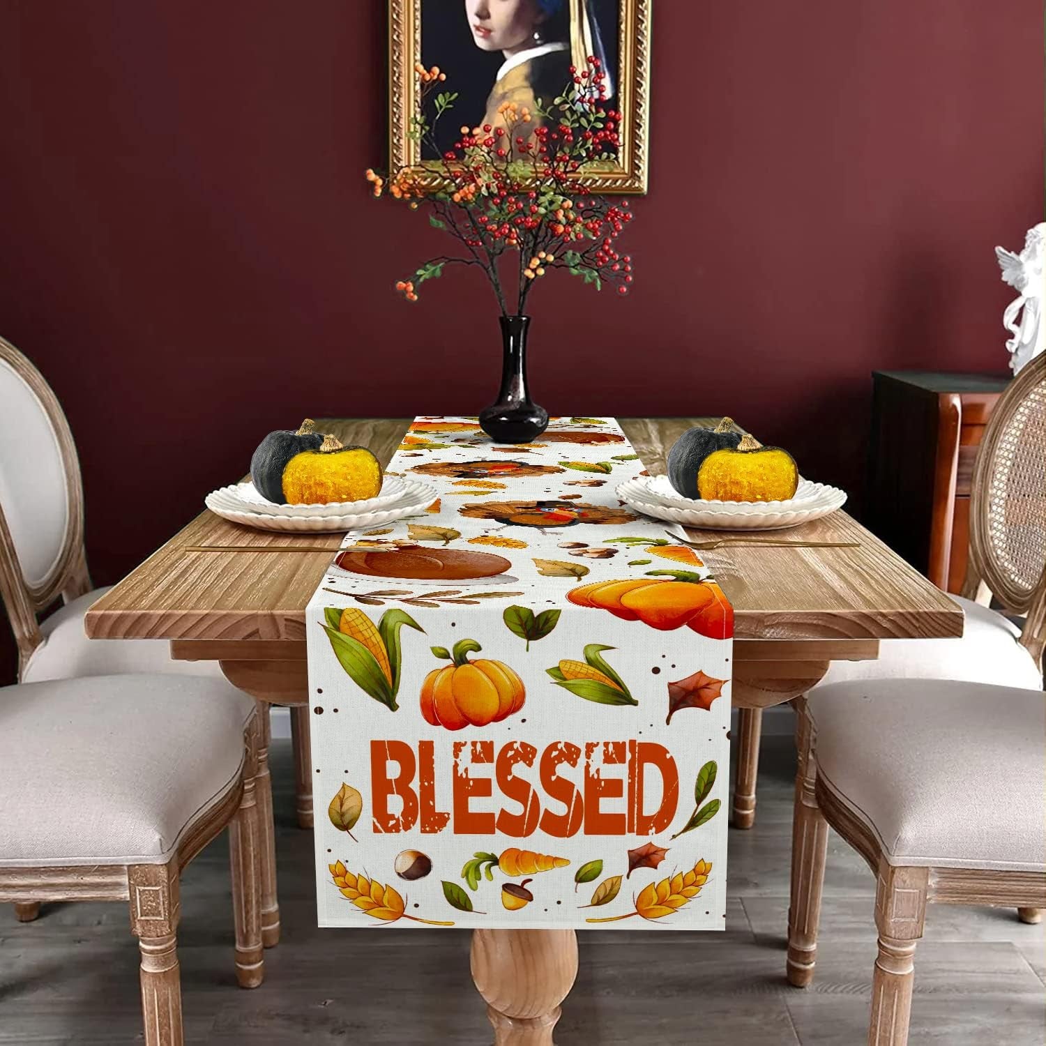 Thanksgiving Table Runner, Thanksgiving Runner for Table Blessed Turkey Thanksgiving Table Decorations for Indoor Outdoor Thanksgiving Decorations 13 X 72 Inch (13" X 72")