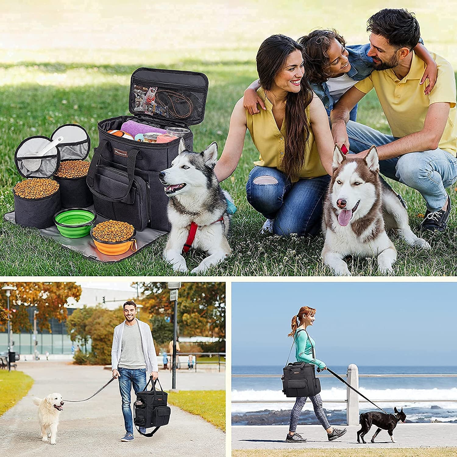 Dog Travel Bag with 2 Collapsible Dog Bowls, 1 Dog Backpack, Airline Approved Pet Travel Bagorganizer for Supplies & Accessories, 2 Travel Dog Food Container, Black