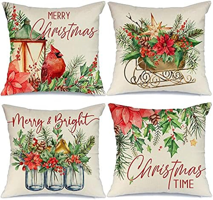 Christmas Pillow Covers 18X18 Set of 4 for Christmas Decorations Bird Xmas Sleigh Merry Bright Christmas Flower Pillows Winter Holiday Throw Pillows Christmas Farmhouse Decor for Couch A430-18