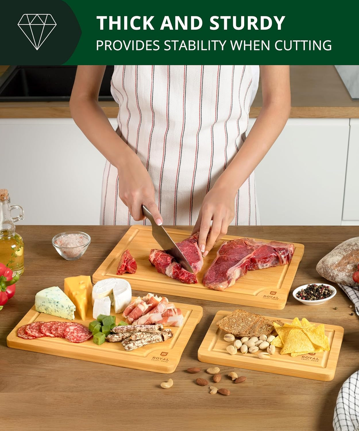 Wooden Cutting Boards for Kitchen Meal Prep & Serving - Bamboo Wood Cutting Board Set - Charcuterie & Chopping Butcher Block for Meat - Kitchen Gadgets Gift