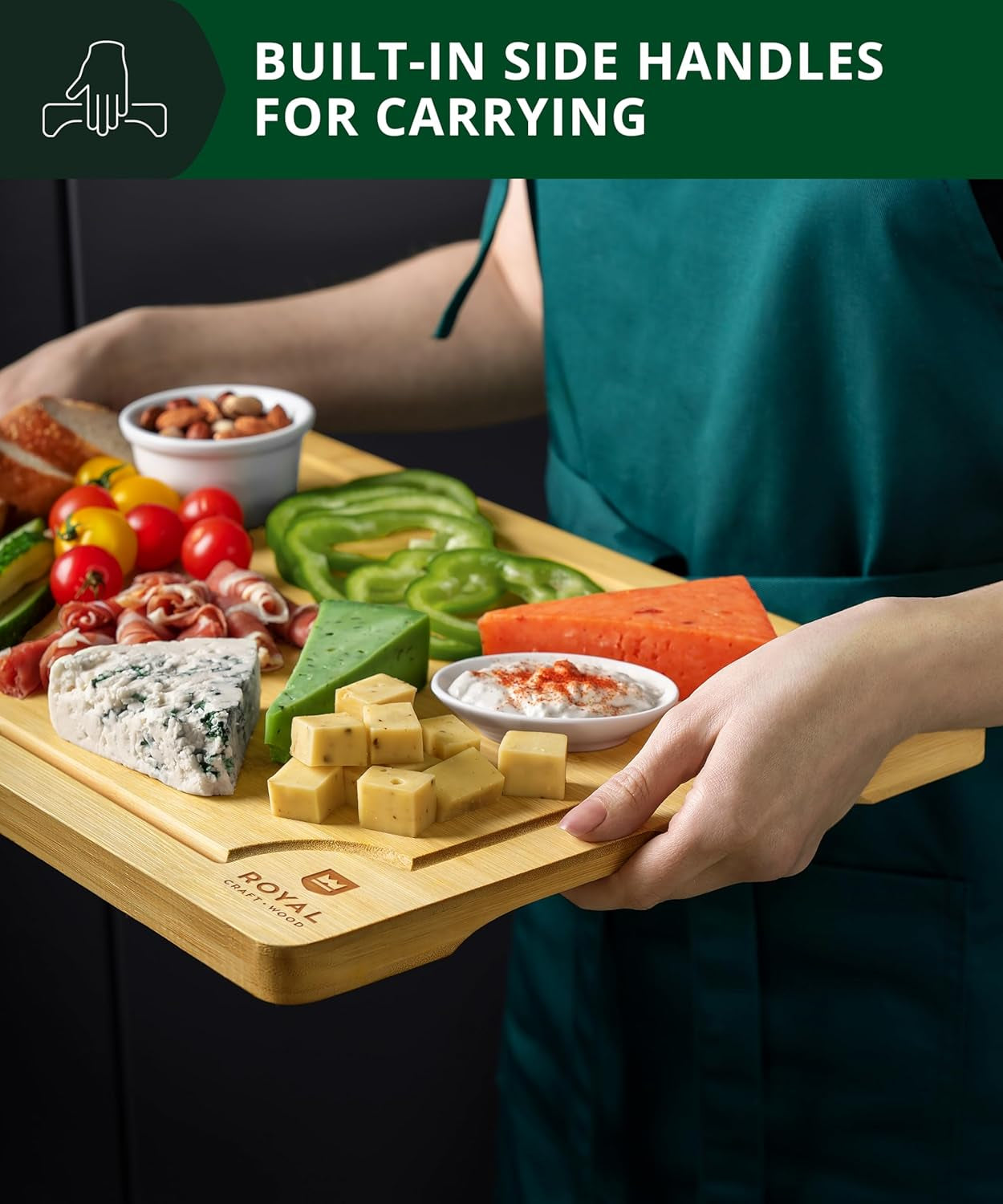 Wooden Cutting Boards for Kitchen Meal Prep & Serving - Bamboo Wood Cutting Board Set - Charcuterie & Chopping Butcher Block for Meat - Kitchen Gadgets Gift