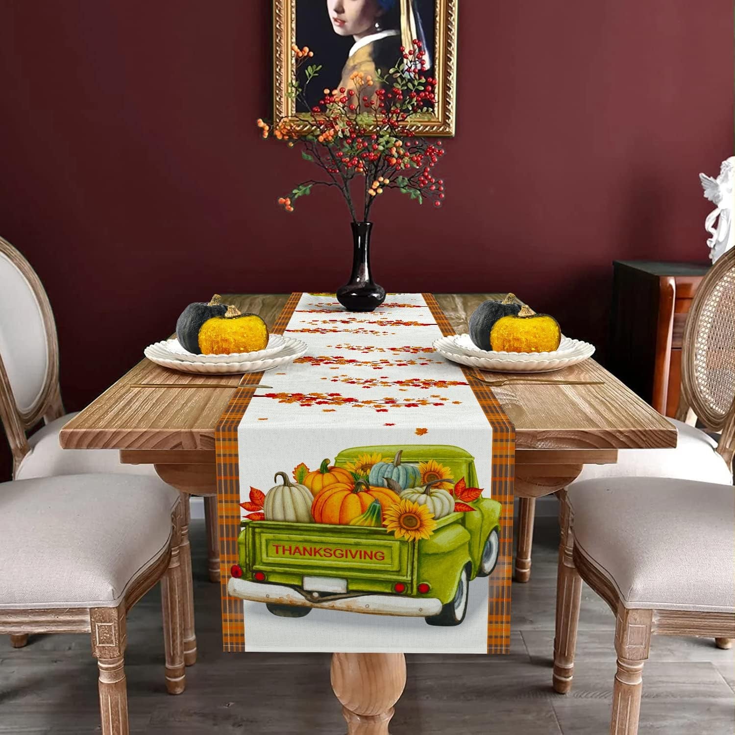 Thanksgiving Table Runner, Fall Table Runner Thanksgiving Decorations Green Truck Thanksgiving Table Decorations for Indoor Outdoor Thanksgiving Party Dining Table Decor (13" X 72")