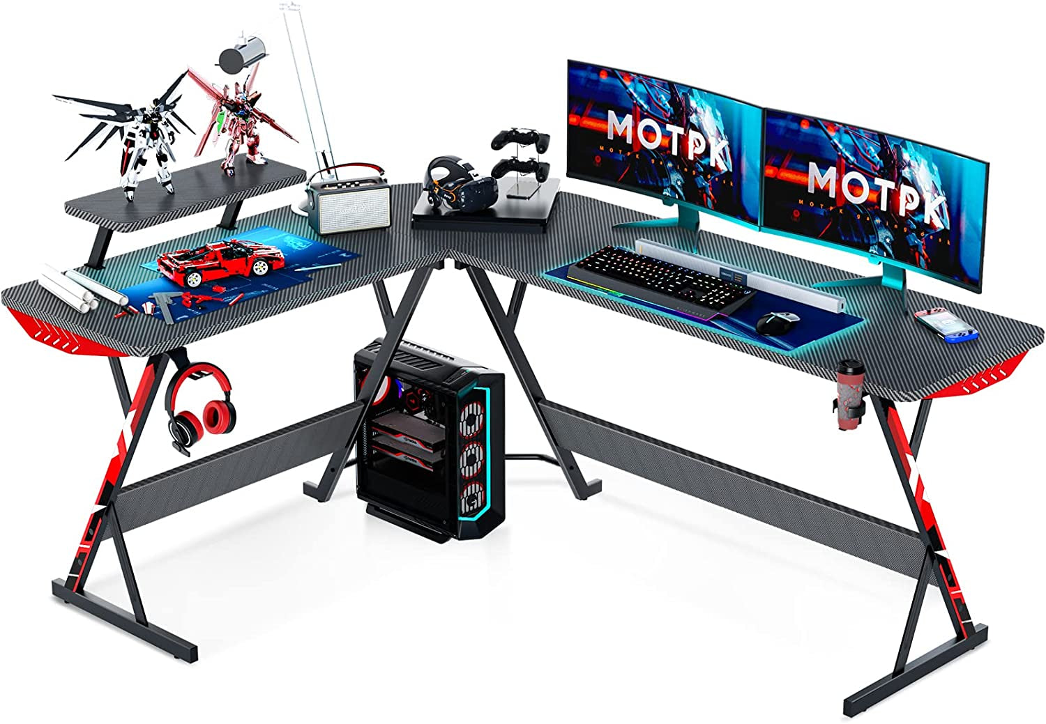 L Shaped Gaming Desk, 66 Inch Gaming Table with Carbon Fiber Texture, Corner Gaming Desk with Monitor Shelf, Cup Holder & Headphone Hook, PC Computer Desk for Gamer, Black