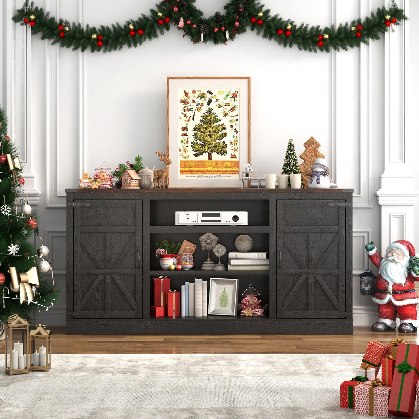 Farmhouse TV Stand for 65" 70" up 75" Tvs with Power Outlet, 33" Tall TV Stand Entertainment Center with Storage, Brown TV Consoles for Living Room Bedroom