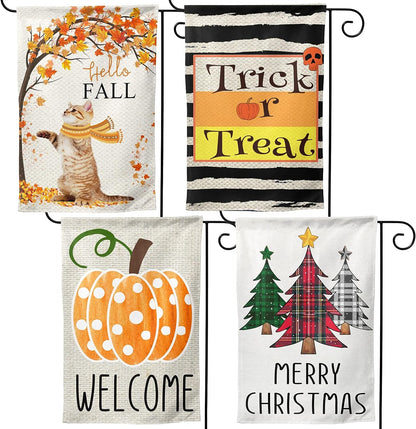 4 Pcs Garden Flags 12X18 Double Sided Seasonal Halloween Fall Thanksgiving Christmas Garden Yard Flags Signs Set for outside Decorations