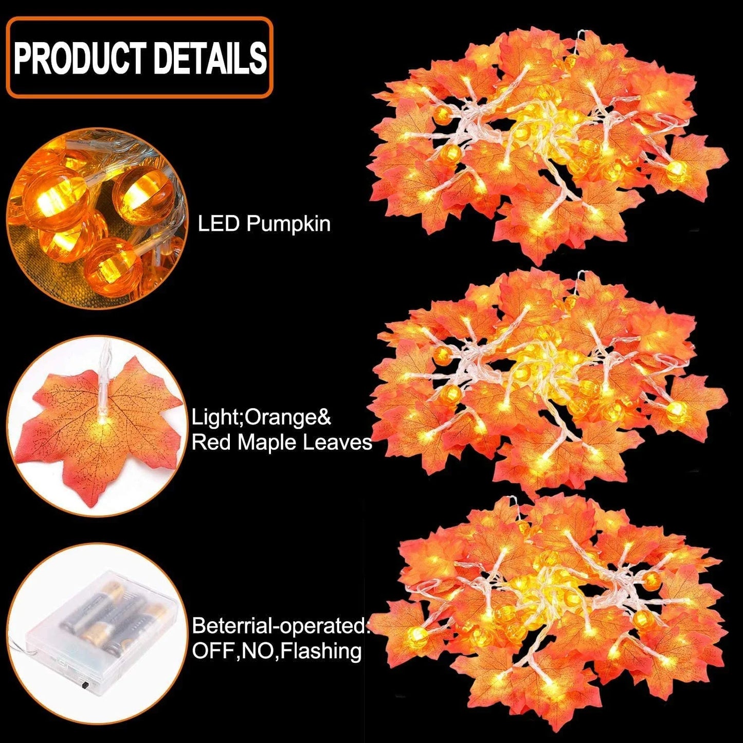 "Thanksgiving String Lights, Thanksgiving Pumpkin Lights Decorations Maple Fall String Lights,  3 Pack Thanksgiving Fall Lights 30 Ft 60 Led Waterproof"