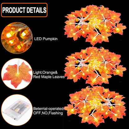 "Thanksgiving String Lights, Thanksgiving Pumpkin Lights Decorations Maple Fall String Lights,  3 Pack Thanksgiving Fall Lights 30 Ft 60 Led Waterproof"