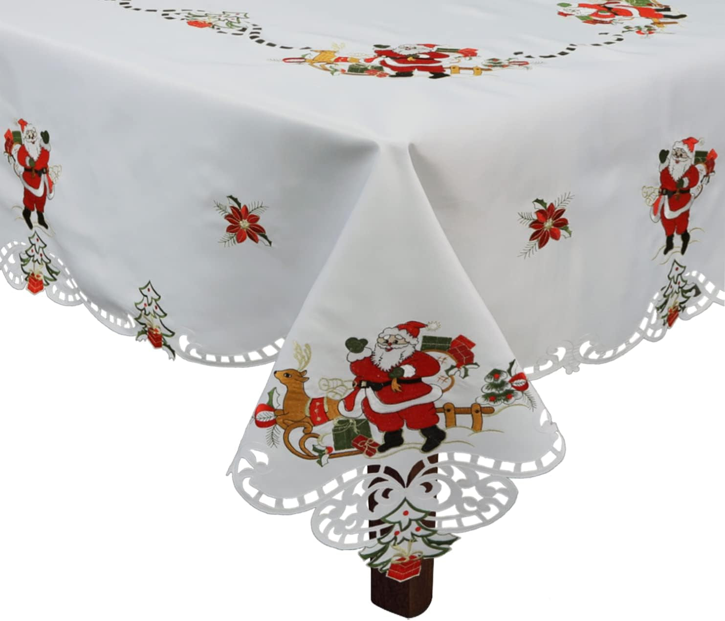 Holiday Christmas Tablecloth 70X140 with 12 Napkins Embroidered Santa Reindeer Red Poinsettia Winter Table Linen Rectangular White