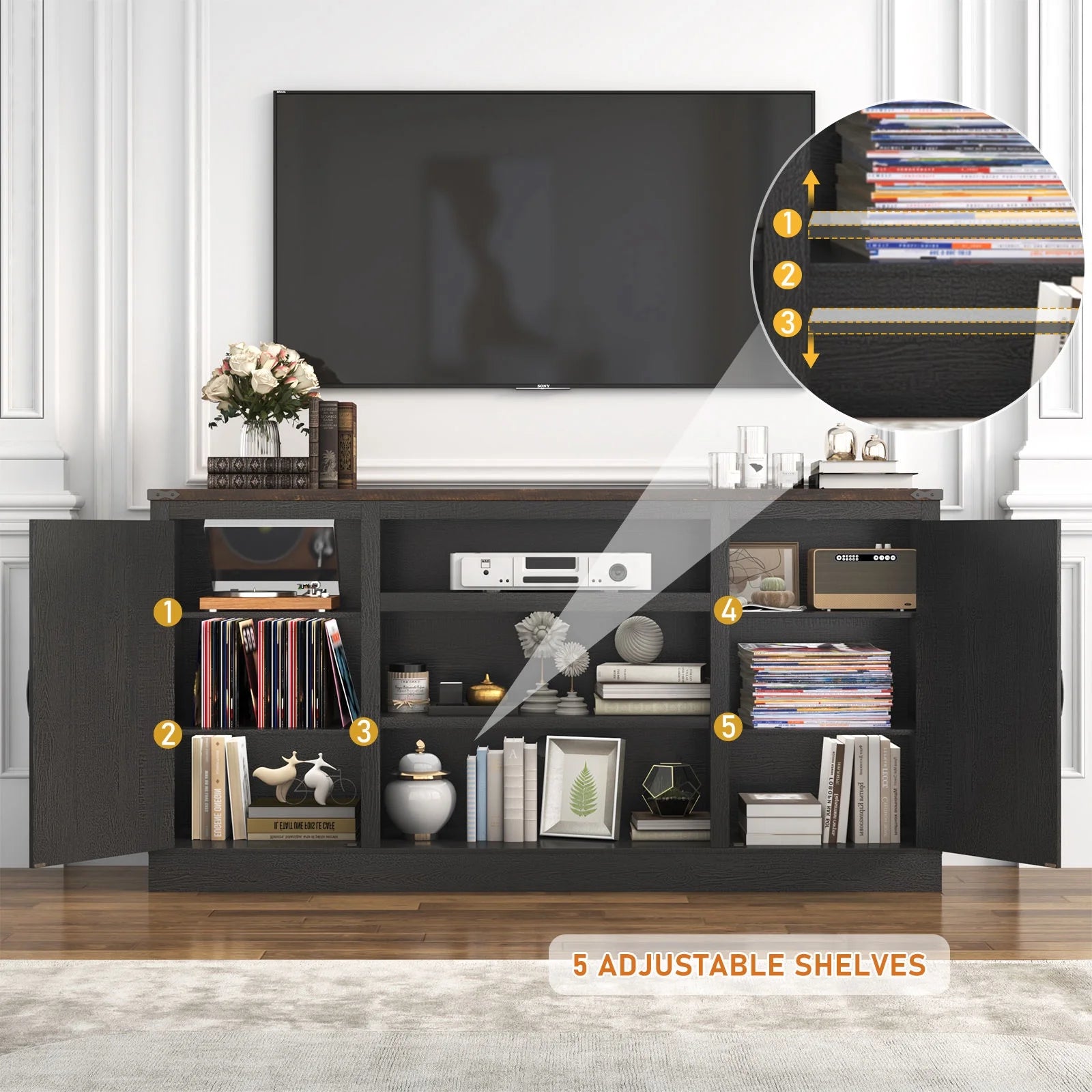 Farmhouse TV Stand for 65" 70" up 75" Tvs with Power Outlet, 33" Tall TV Stand Entertainment Center with Storage, Brown TV Consoles for Living Room Bedroom