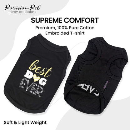 Dog Tshirt - Embroidered “ Best Dog Ever “ Tank Top - Pure Cotton and Lightweight Pet Vest - Sleeveless Black Tee Shirts - Machine Washable Shirt for Small Dogs - S