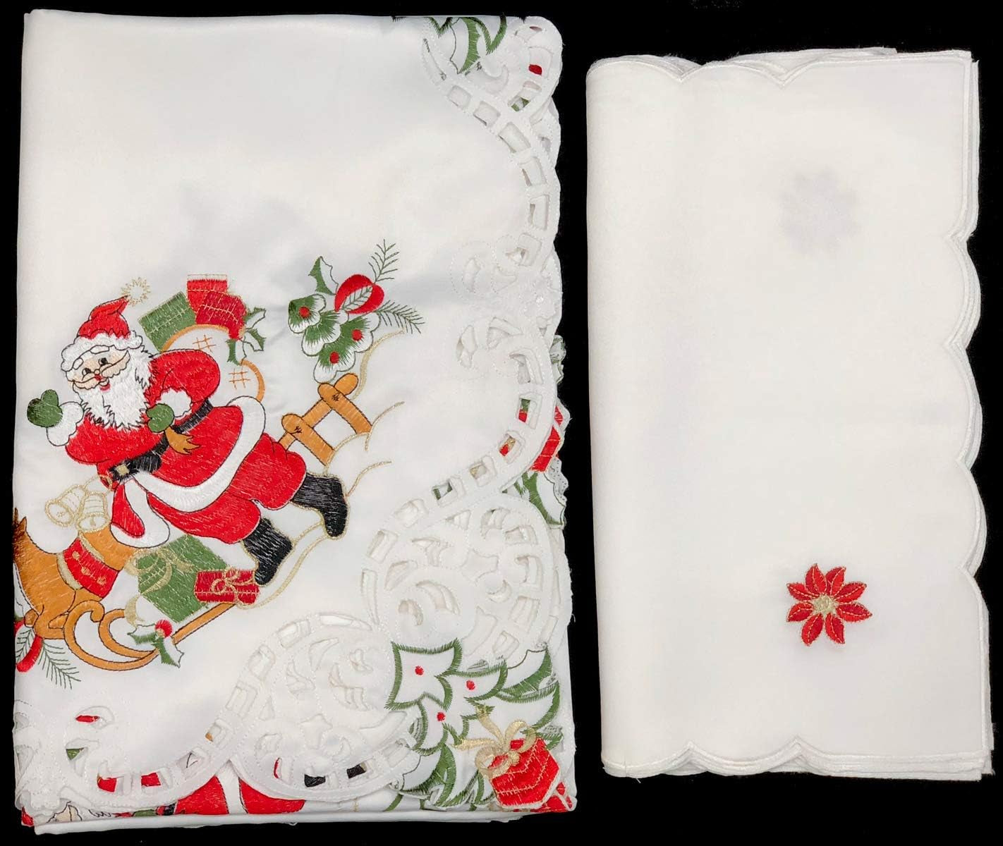 Holiday Christmas Tablecloth 70X140 with 12 Napkins Embroidered Santa Reindeer Red Poinsettia Winter Table Linen Rectangular White