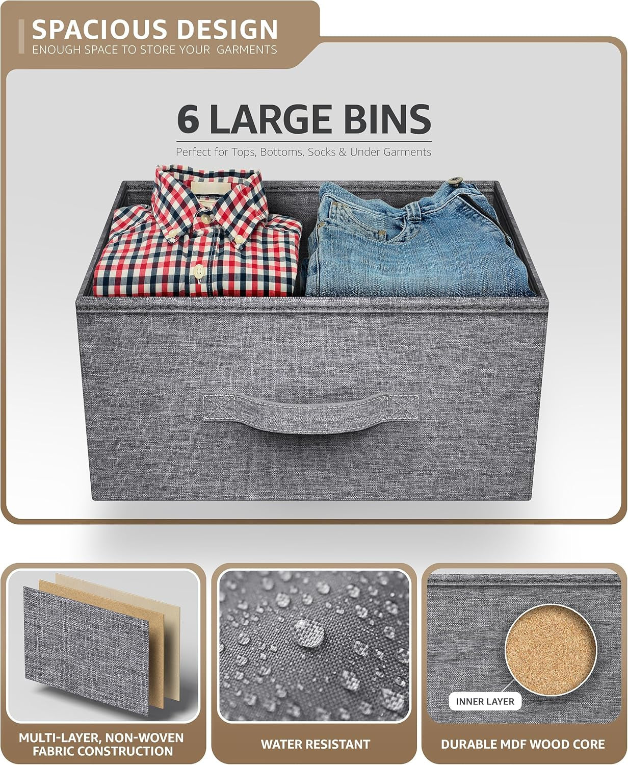 Dresser with 6 Drawers - Chest Organizer Unit with Steel Frame Wood Top & Handle Easy Pull Fabric Bins for Clothes - Storage Furniture for Bedroom, Hallway, Living Room, Nursery & Closet