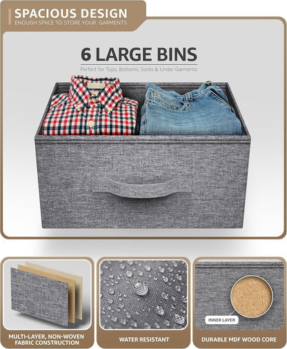 Dresser with 6 Drawers - Chest Organizer Unit with Steel Frame Wood Top & Handle Easy Pull Fabric Bins for Clothes - Storage Furniture for Bedroom, Hallway, Living Room, Nursery & Closet