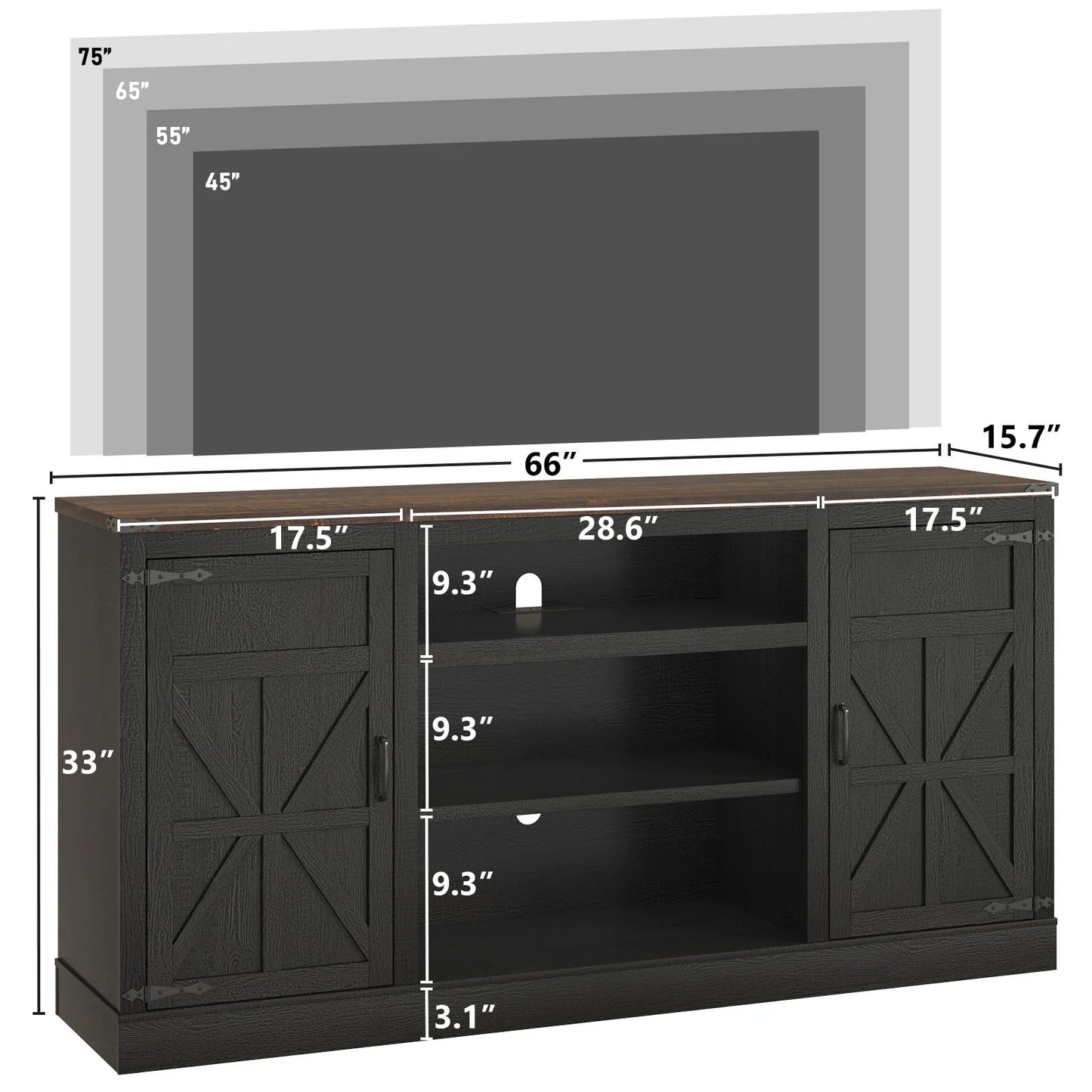 Farmhouse TV Stand for 65" 70" up 75" Tvs with Power Outlet, 33" Tall TV Stand Entertainment Center with Storage, Brown TV Consoles for Living Room Bedroom
