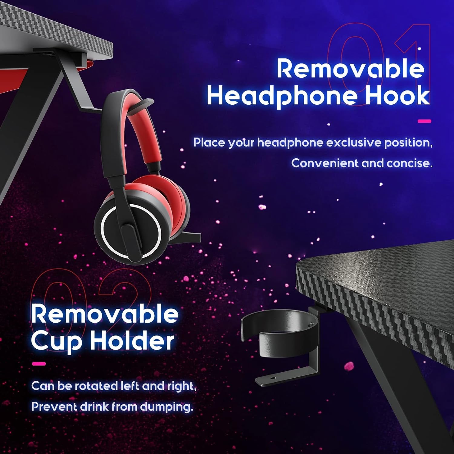 L Shaped Gaming Desk, 66 Inch Gaming Table with Carbon Fiber Texture, Corner Gaming Desk with Monitor Shelf, Cup Holder & Headphone Hook, PC Computer Desk for Gamer, Black