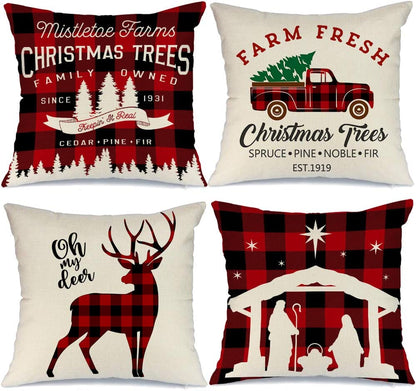 AENEY Buffalo Plaid Christmas Pillow Covers 20X20 Set of 4 Christmas Pillows Xmas Winter Holiday Throw Pillows Deer Farmhouse Christmas Decor Red Truck Christmas Decorations for Couch A265-20