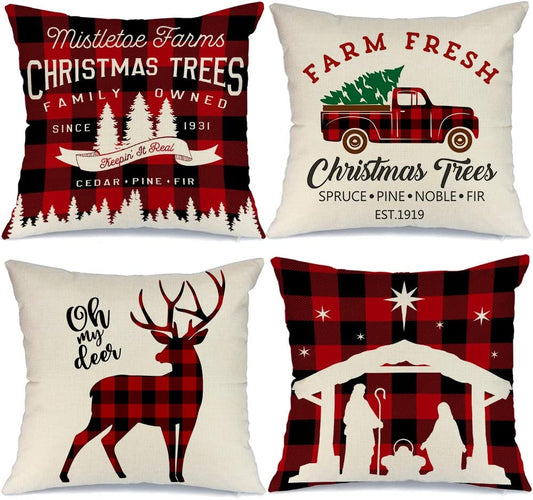 AENEY Buffalo Plaid Christmas Pillow Covers 20X20 Set of 4 Christmas Pillows Xmas Winter Holiday Throw Pillows Deer Farmhouse Christmas Decor Red Truck Christmas Decorations for Couch A265-20