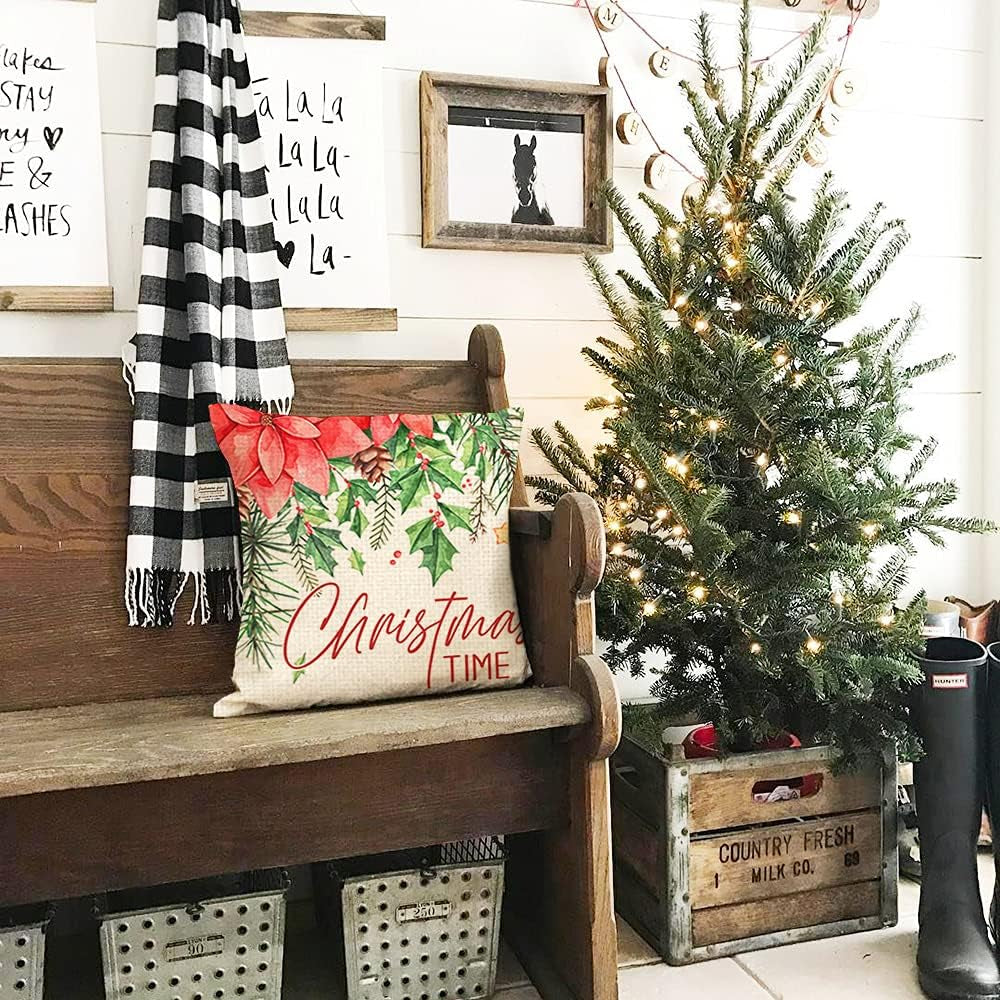 Christmas Pillow Covers 18X18 Set of 4 for Christmas Decorations Bird Xmas Sleigh Merry Bright Christmas Flower Pillows Winter Holiday Throw Pillows Christmas Farmhouse Decor for Couch A430-18