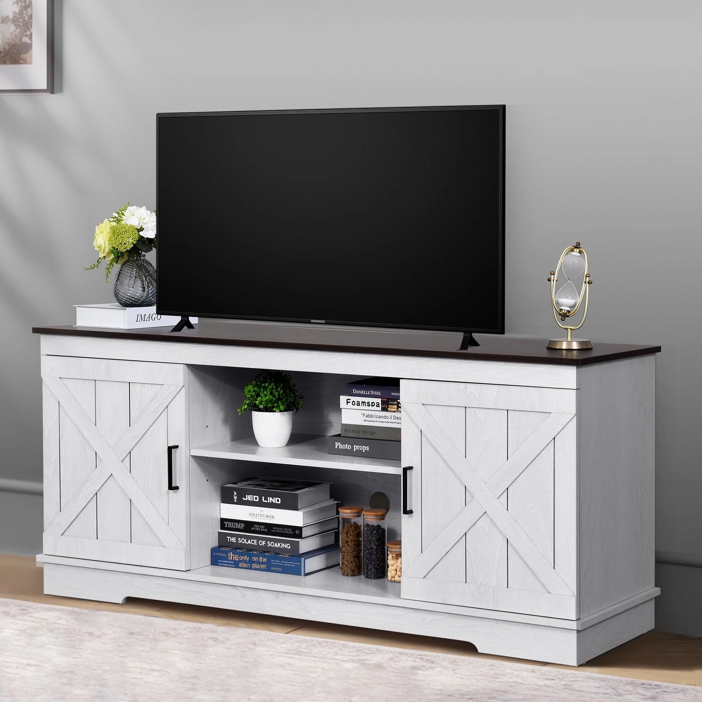 Farmhouse TV Stand for 65 Inch TV, Entertainment Center for Living Room, TV Media Console Cabinet, Grey Wash