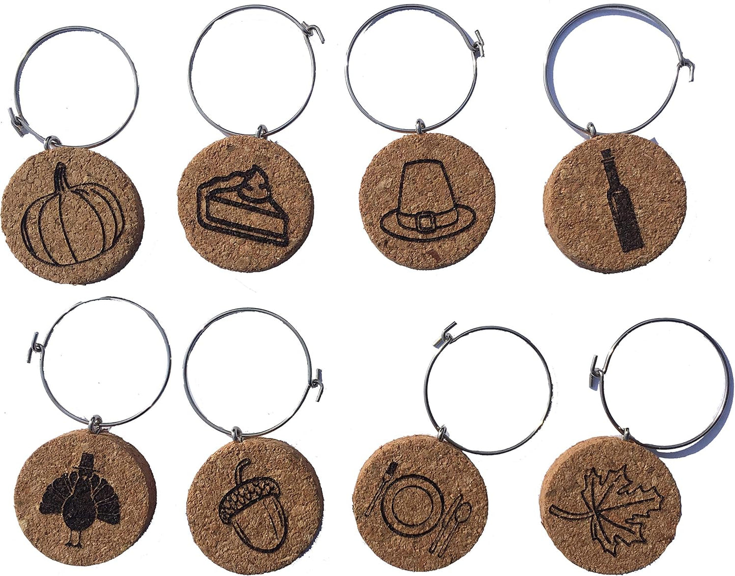 Thanksgiving Wine Charms (20+ Unique Sets) Cork Wine Glass Charms - Set of 8 Thanksgiving Charms, Thanksgiving Host/Hostess Gift- Wine Accessories and Gifts for Wine Lover - Thanksgiving Drink Markers