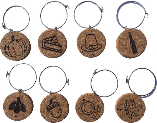Thanksgiving Wine Charms (20+ Unique Sets) Cork Wine Glass Charms - Set of 8 Thanksgiving Charms, Thanksgiving Host/Hostess Gift- Wine Accessories and Gifts for Wine Lover - Thanksgiving Drink Markers