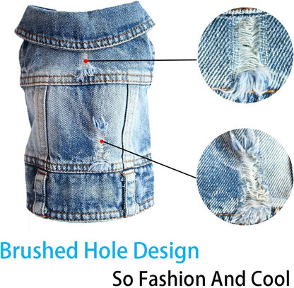 Dog Jean Jacket, Blue Puppy Denim T-Shirt, Machine Washable Dog Clothes, Comfort and Cool Apparel, for Small Medium Dogs Pets and Cats (Small, Blue Type 1)