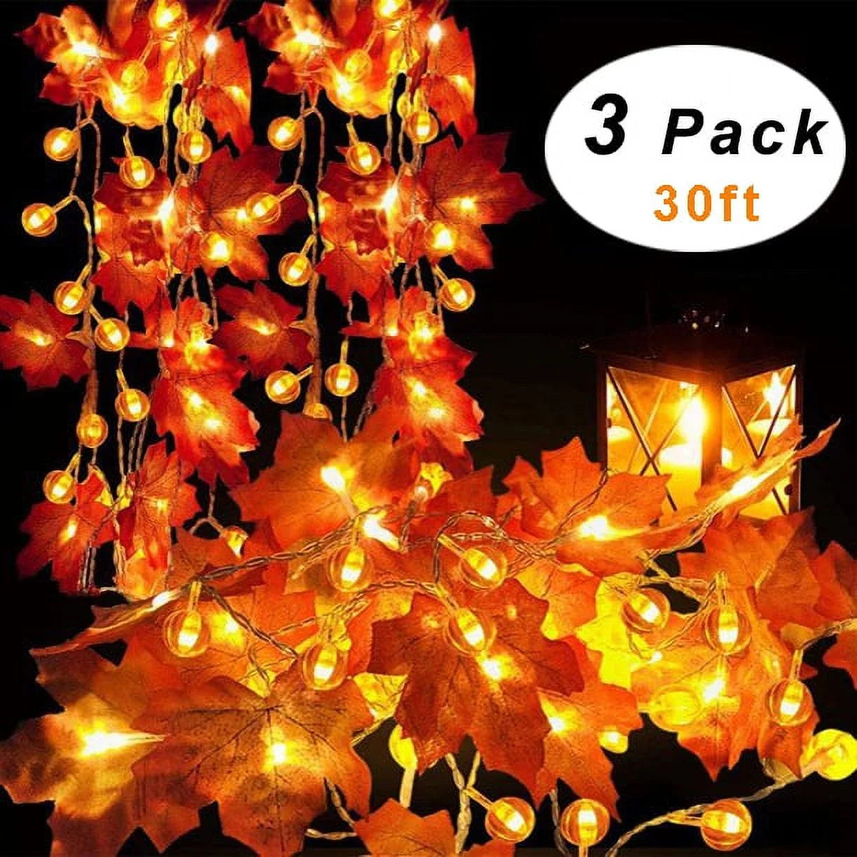 "Thanksgiving String Lights, Thanksgiving Pumpkin Lights Decorations Maple Fall String Lights,  3 Pack Thanksgiving Fall Lights 30 Ft 60 Led Waterproof"