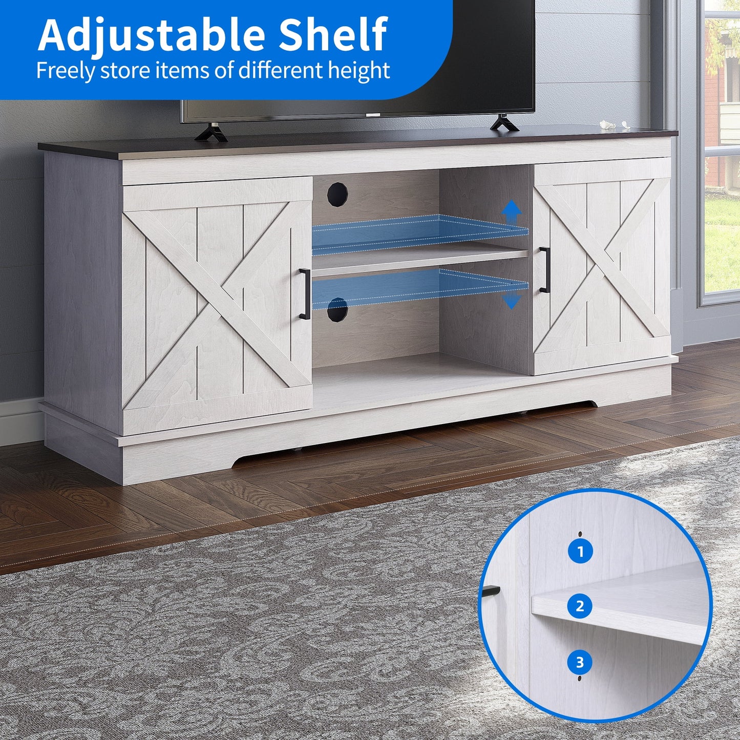 Farmhouse TV Stand for 65 Inch TV, Entertainment Center for Living Room, TV Media Console Cabinet, Grey Wash