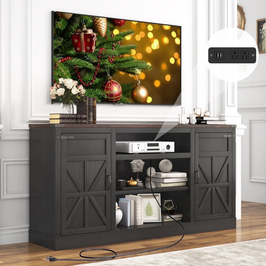 Farmhouse TV Stand for 65" 70" up 75" Tvs with Power Outlet, 33" Tall TV Stand Entertainment Center with Storage, Brown TV Consoles for Living Room Bedroom